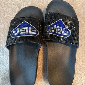 Black Rhinestone Slide Sandals with Blue Accent